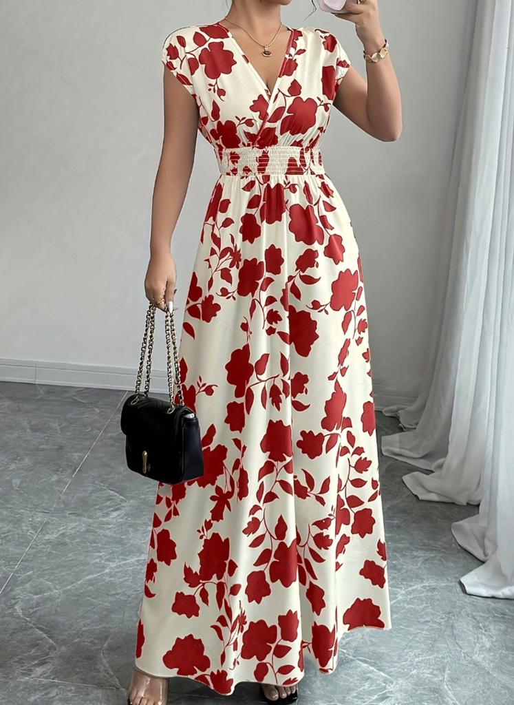 Women’s V Neck Floral Print Maxi Dress with Short Sleeves and Elastic Waist Summer Casual A Line Long Dress for Daily Wear