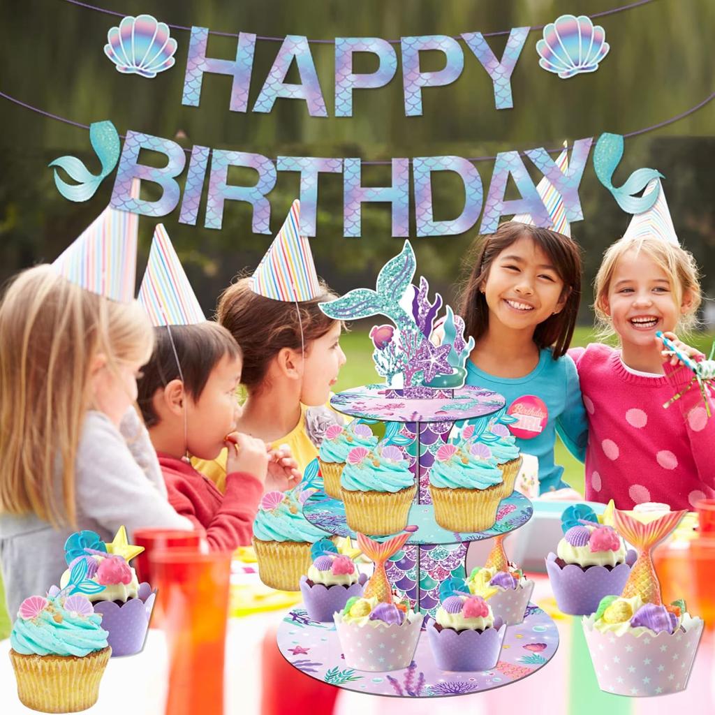 3 Tier Mermaid Cupcake Stand Party Decorations, Mermaid Themed Cupcake Holder Decorations with 20Pcs Mermaid Cupcake Wrappers and Toppers, Cupcake
