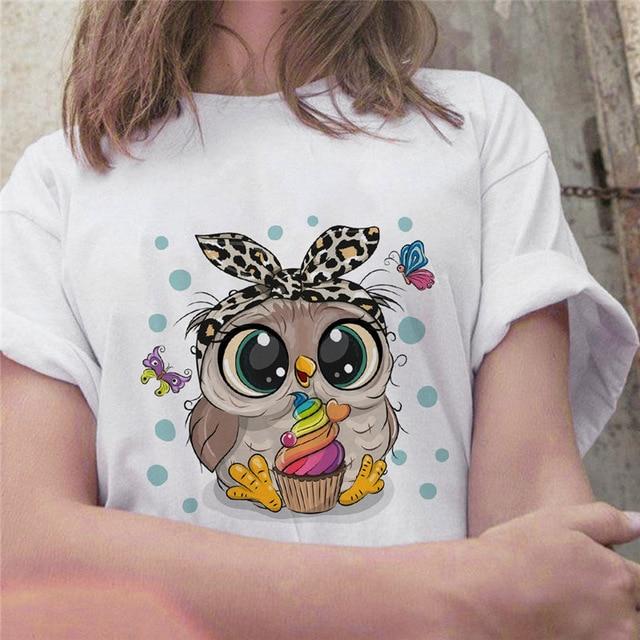 Fashion Trend New T -Shirt Cute Owl Graphic Printed Female T Shirt Casual Harajuku Crew Neck Ladies Tshirt