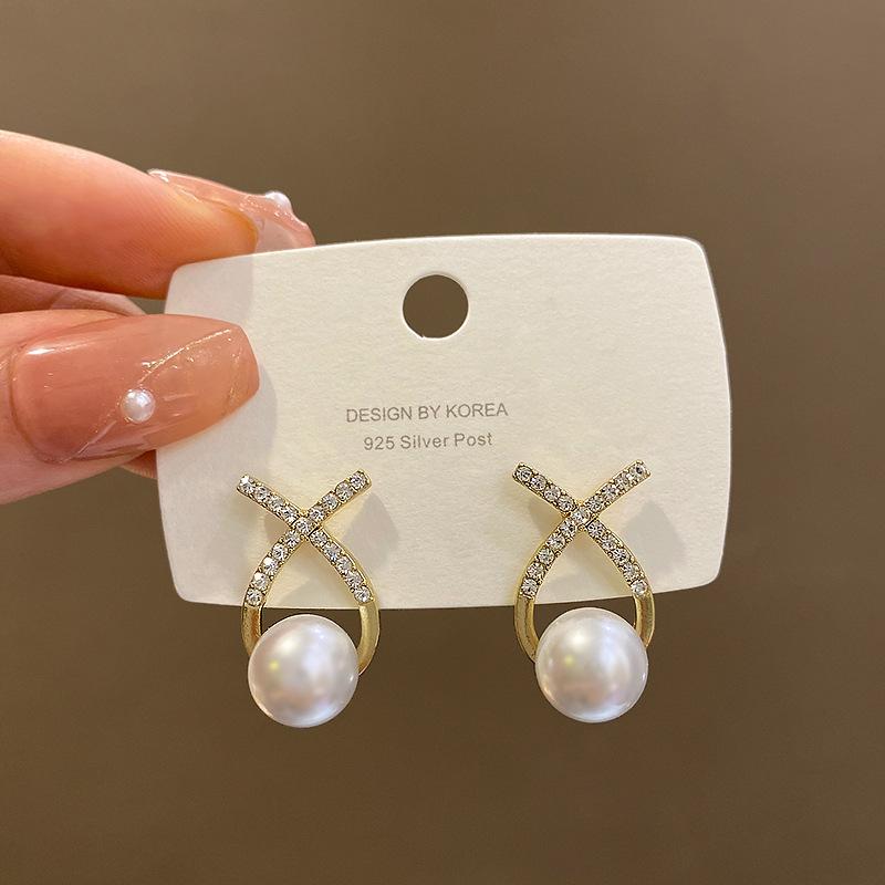 

S925 Silver Needle Cross Pearl Earrings Women s Premium Full Diamond Earrings