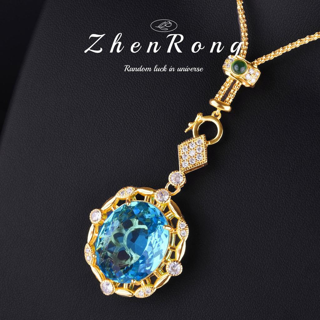 European & American Style Pigeon Blood Red Simulated Ruby Openwork Pendant with 18K Gold-Plated Emerald Aquamarine Necklace for Women