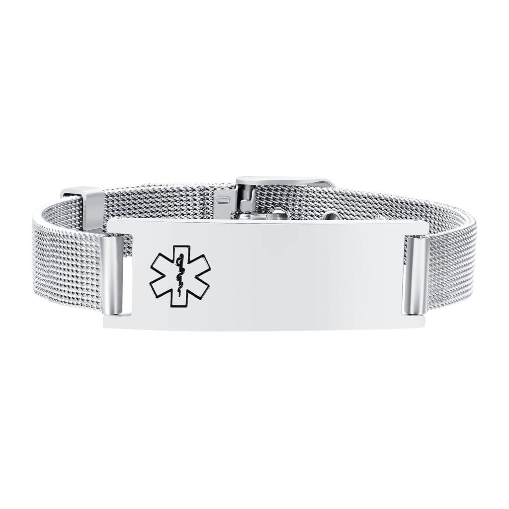 Free Personalized Medical Alert ID Bracelets for Men, Waterproof 10mm/16mm Wide Stainless Steel Mesh Band Wristband ICE Jewelry
