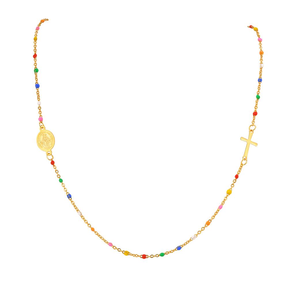 Sideway St. Collana con Croce di San Benedetto e Vergine Maria per Donna, Catena Satellite con Perline in Acciaio Inossidabile Smaltato, Gioiello Religioso