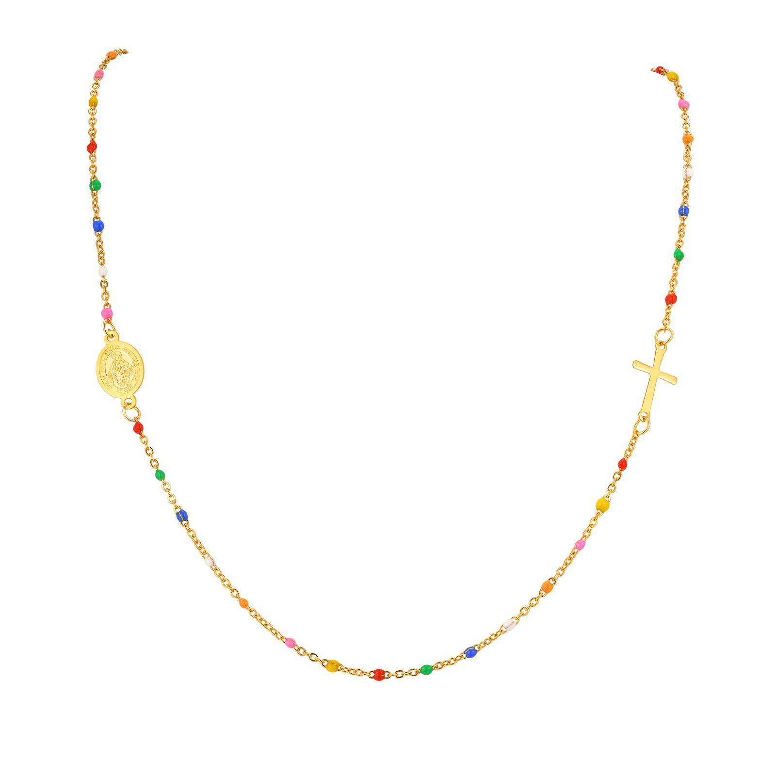 Sideway St. Benedict and Virgin Mary Cross Necklace for Women, Stainless Steel Enamel Satellite Beaded Chain Religious Jewelry