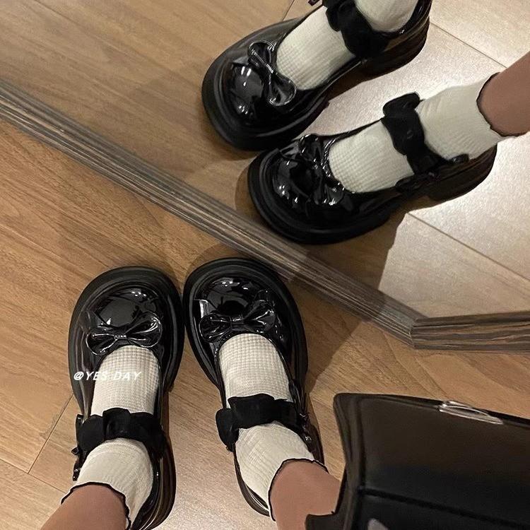 Fashion Shoes Oxfords Women's Black Flats Female Footwear British Style Bow-Knot Leather Retro Dress Preppy Butterfly PU Rome Hoof Heels