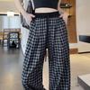 Retro Blue Plaid Wide-Leg Pants - Spring/Summer 2026 Collection, Lazy Style, Drapey Straight-Leg Casual Pants