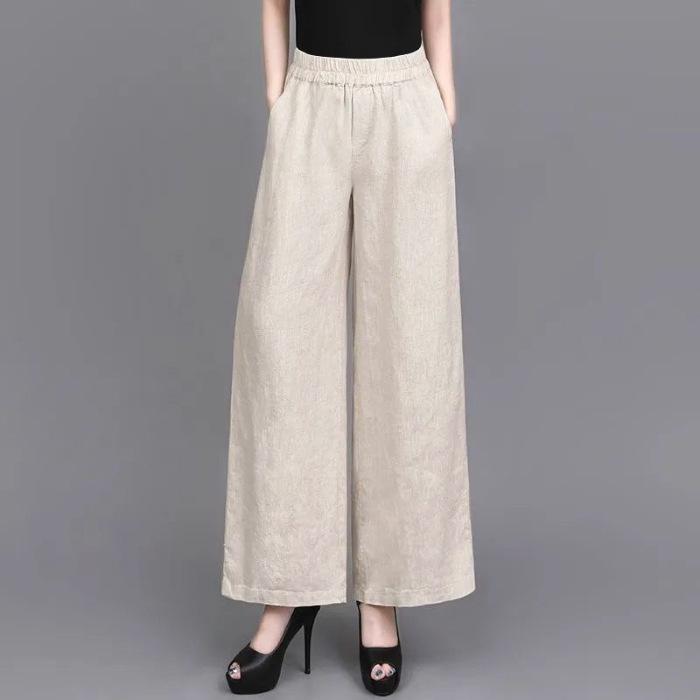 Women's 2025 Summer Cotton Linen Wide-Leg Pants - Simple, Casual, Thin, Loose, Elastic High Waist