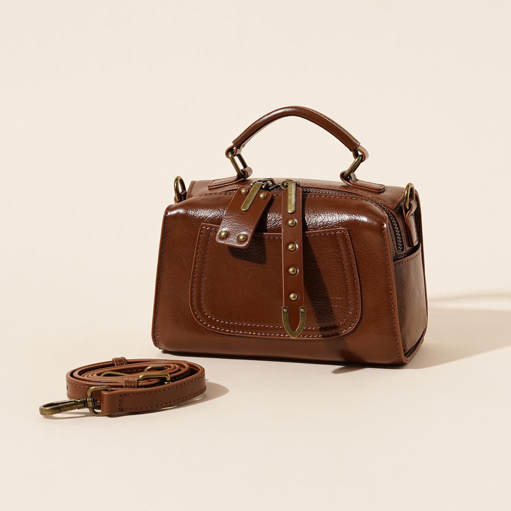 New Style Real Leather Porter Men's Wooden Handle Casual Handbag Solid Color Cowhide Single Compartment Tote Bag Women's Bag