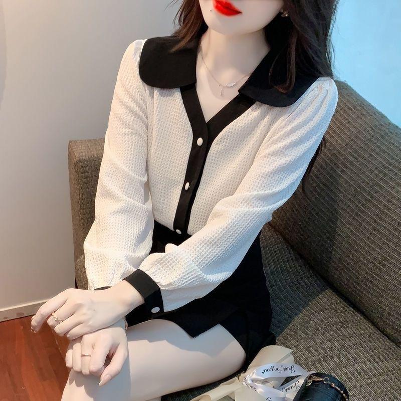 2025 Spring Women's Korean Style Lace Trim Peter Pan Collar Long Sleeve Sweater