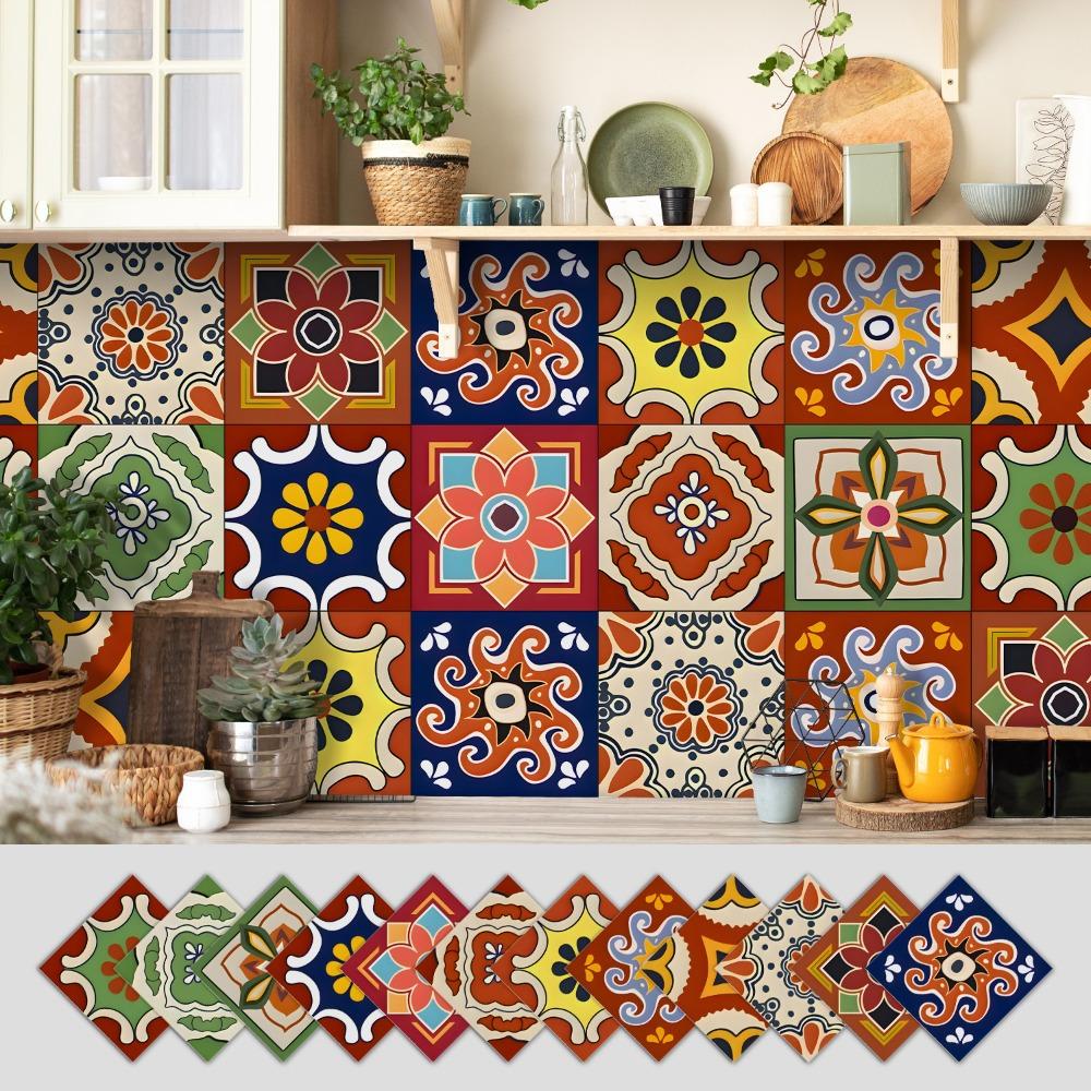 12Pcs Mandala Pattern Backsplash Tile Stickers Multicolor Design PVC Peel and Stick Tile Self-Adhesive Classic Style