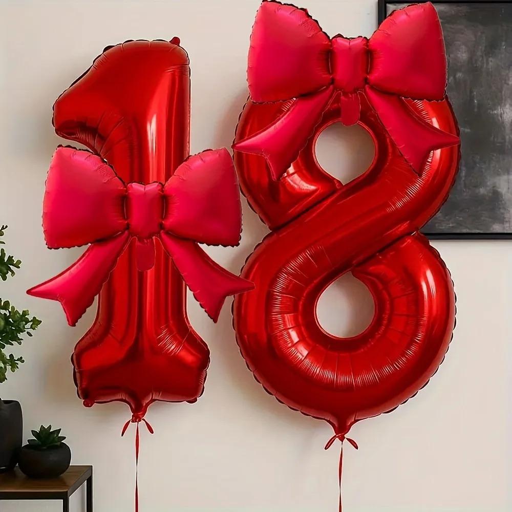 2pcs 32inch Red Number Digital 0-9 Balloon with Red Bowknot Foil Balloons for Birthday Party and Anniversary Decoration