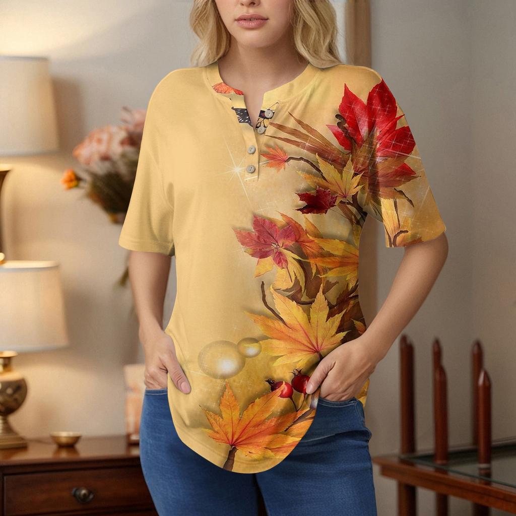 Korte Mouw Dames Tops Zomer T-shirts Bloemenprint V-hals Casual Basis T-shirt Knopenhemden Tuniek Tops