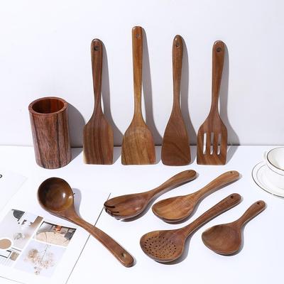 Set di utensili da cucina in legno di acacia: Include una grande pala da cucina antiaderente, un cucchiaio da zuppa e una pala antiscottatura