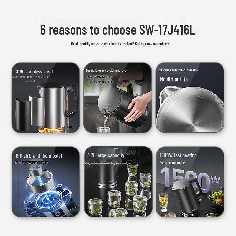 SUPOR 1.7L 316L Stainless Steel Electric Kettle CN plug (adapter included)