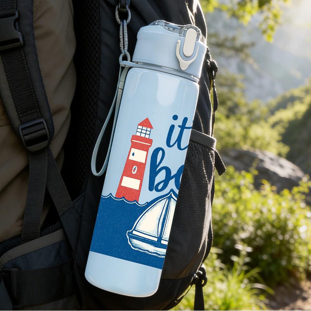 1PC It Is A Boy Lighthouse Sailboat Text 750ml Color Plastic Sports Water Bottle Leakproof Flip Straw Lid Suitable for Sports Office Home Use