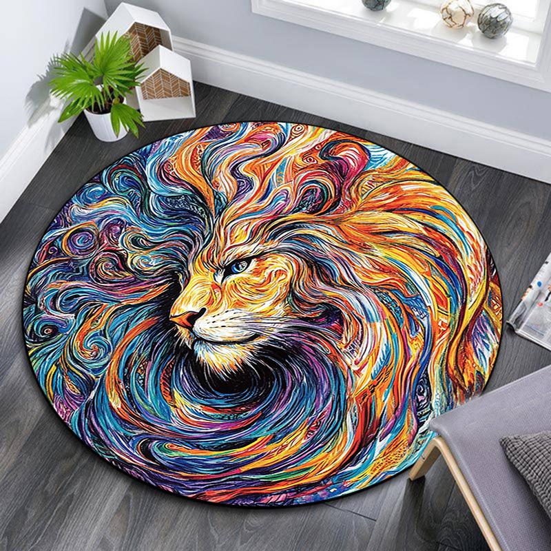 Abstract Goat and Lion Round Area Rug,Carpet Rug for Living Room Bedroom Sofa Playroom Decor,Non-slip Floor Mat