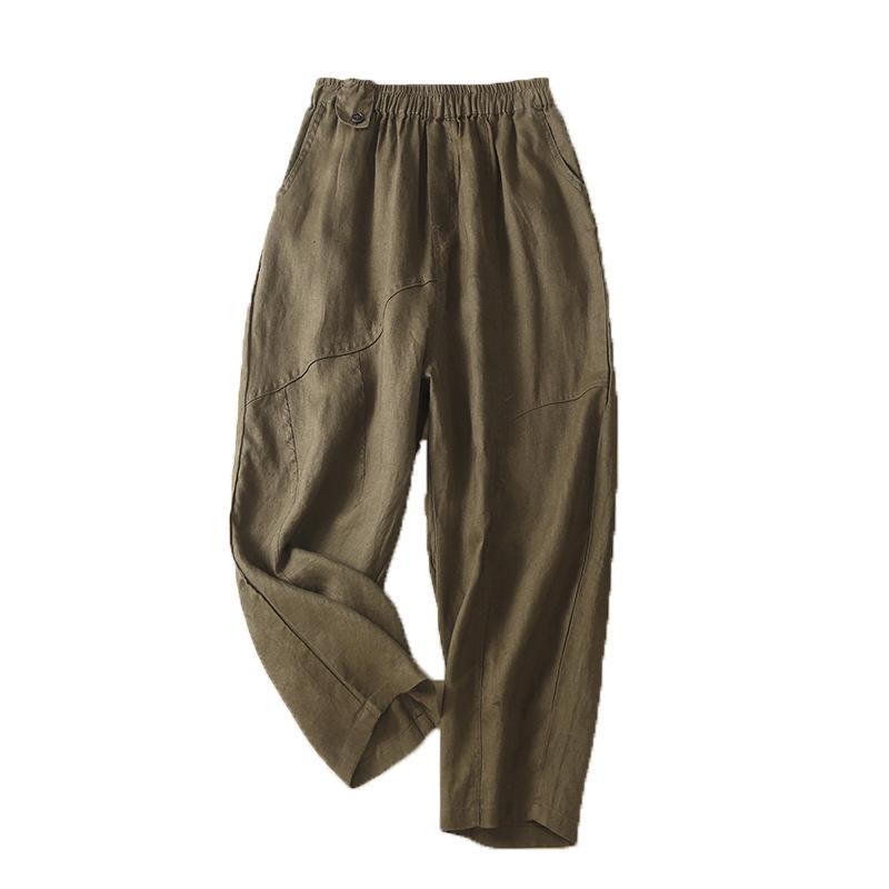 2025 summer new literary and retro cotton and linen Harlan pants women's double-pocket elastic waist thin solid color nine-point pants