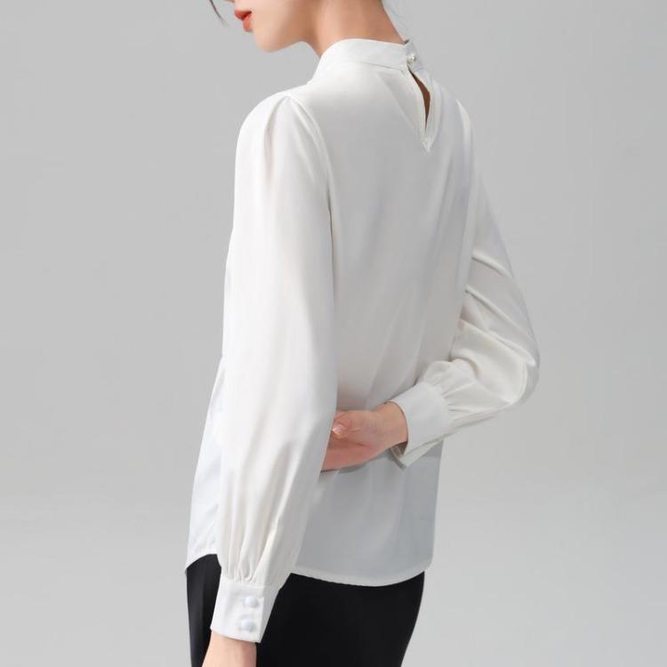 Women Comfortable Chiffon Pleated Beads Long Sleeve Satin Top Temperament Inner Top Updated Fit