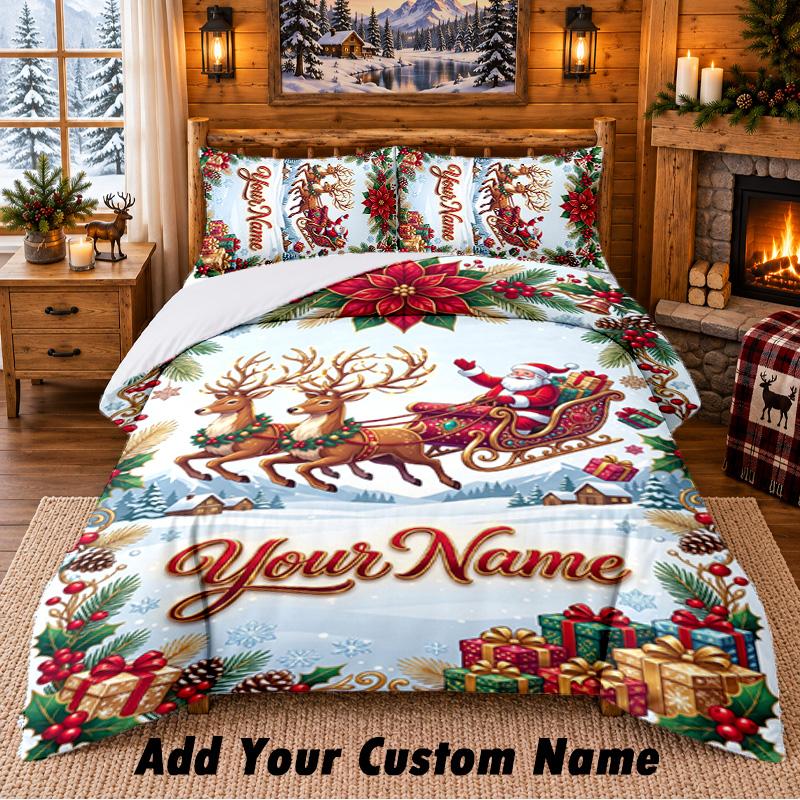 Christmas Custom Name Pattern Bedding 3Pcs Set Bed Sheet Pillowcases Indoor Bedroom Holiday Gift