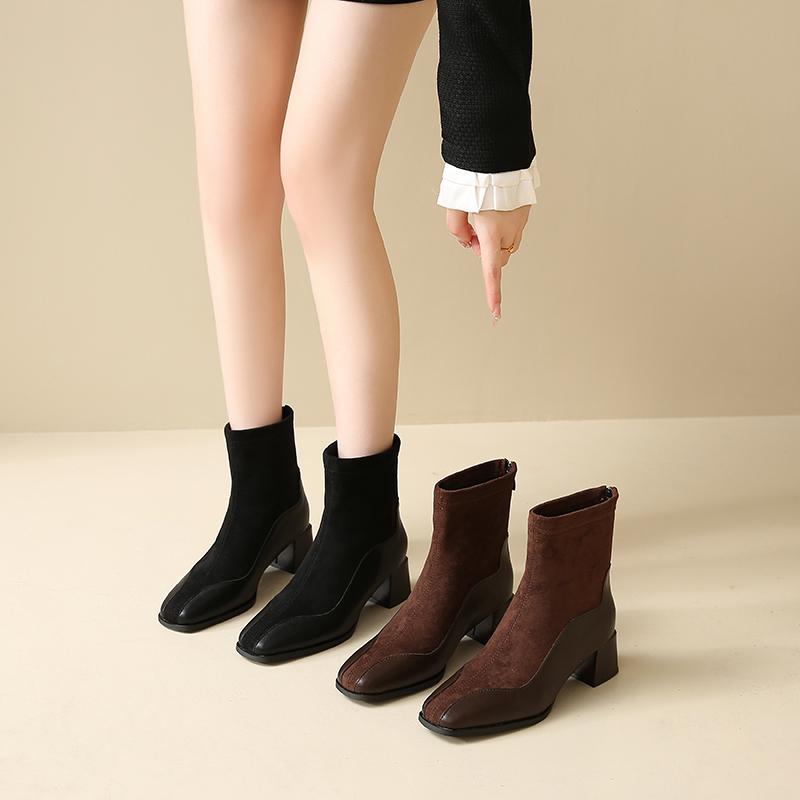 Zimní moderní kozačky na zip s hranatým podpatkem, střední podpatek, jednobarevné, dámské boty ve výprodeji 2024, značkové, kulatá špička, střední podpatek, stručné dámské kozačky