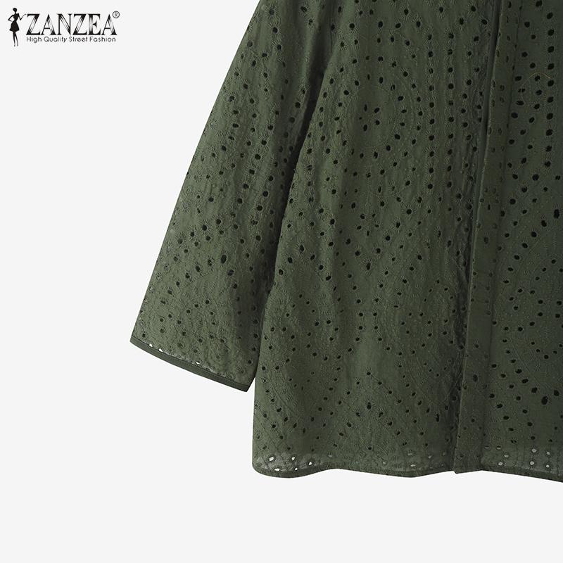 ZANZEA Dámská letní halenka s kulatým výstřihem, 3/4 rukávy, krajkovým háčkovaným patchworkem, volného střihu