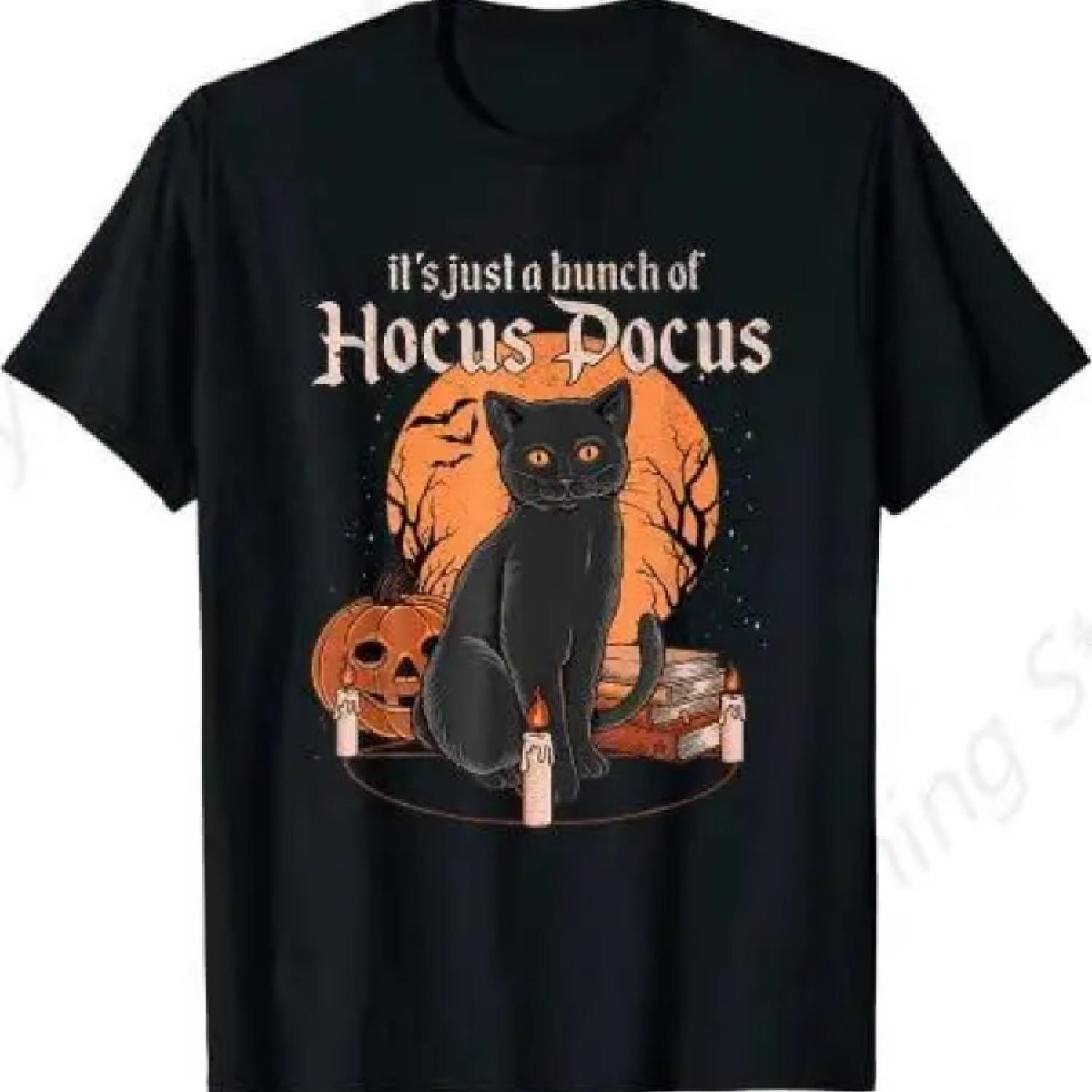 

Bunch of Hocus Pocus Cat T-Shirt Halloween Costume Gift Gothic Style Round Neck Short Sleeves Cotton Tops Black Cat Lover XXXXXL чёрный