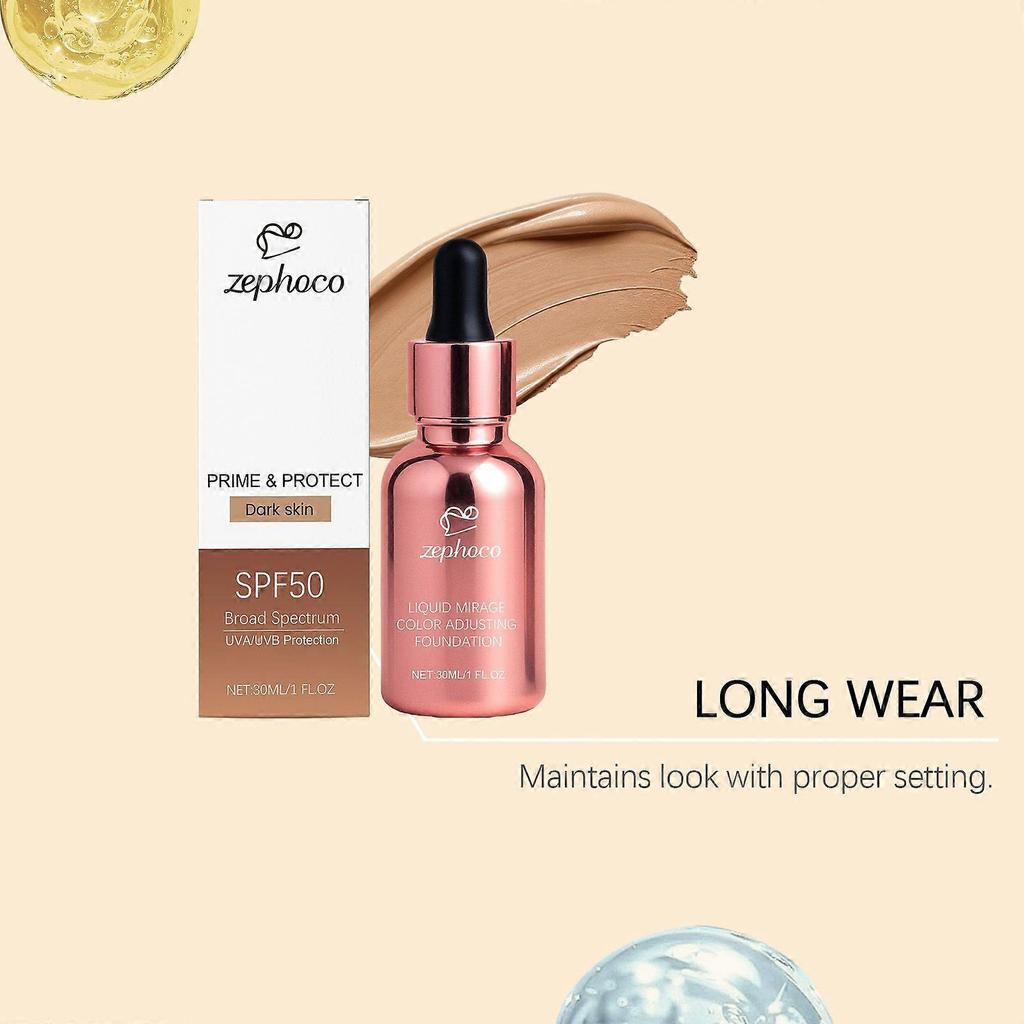 Zephoco Deep Skin Tone Protective Color-Changing Foundation Liquid, Lightweight, Moisturizing, Natural, Smooth, Transparent, Concealing Foundation