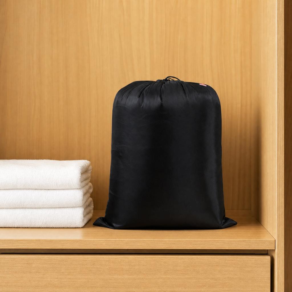 Black Drawstring Storage Bag, Foldable for Travel Home
