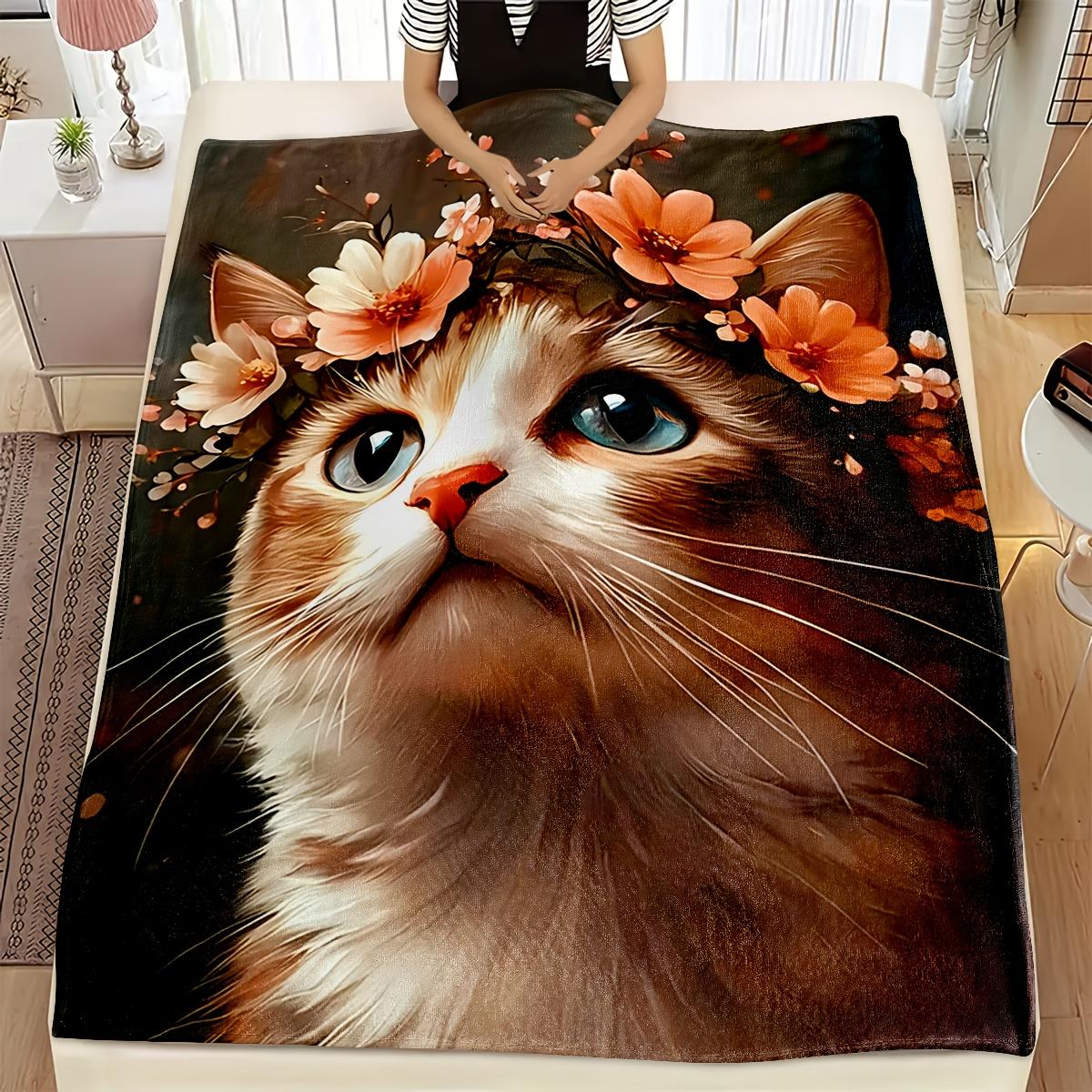 

1pc Ultra-Soft Printed Blanket with 3D Floral Cat Design - Cozy, Comfortable Polyester Throw for Bed, Sofa, Office, Travel, 75x90cm