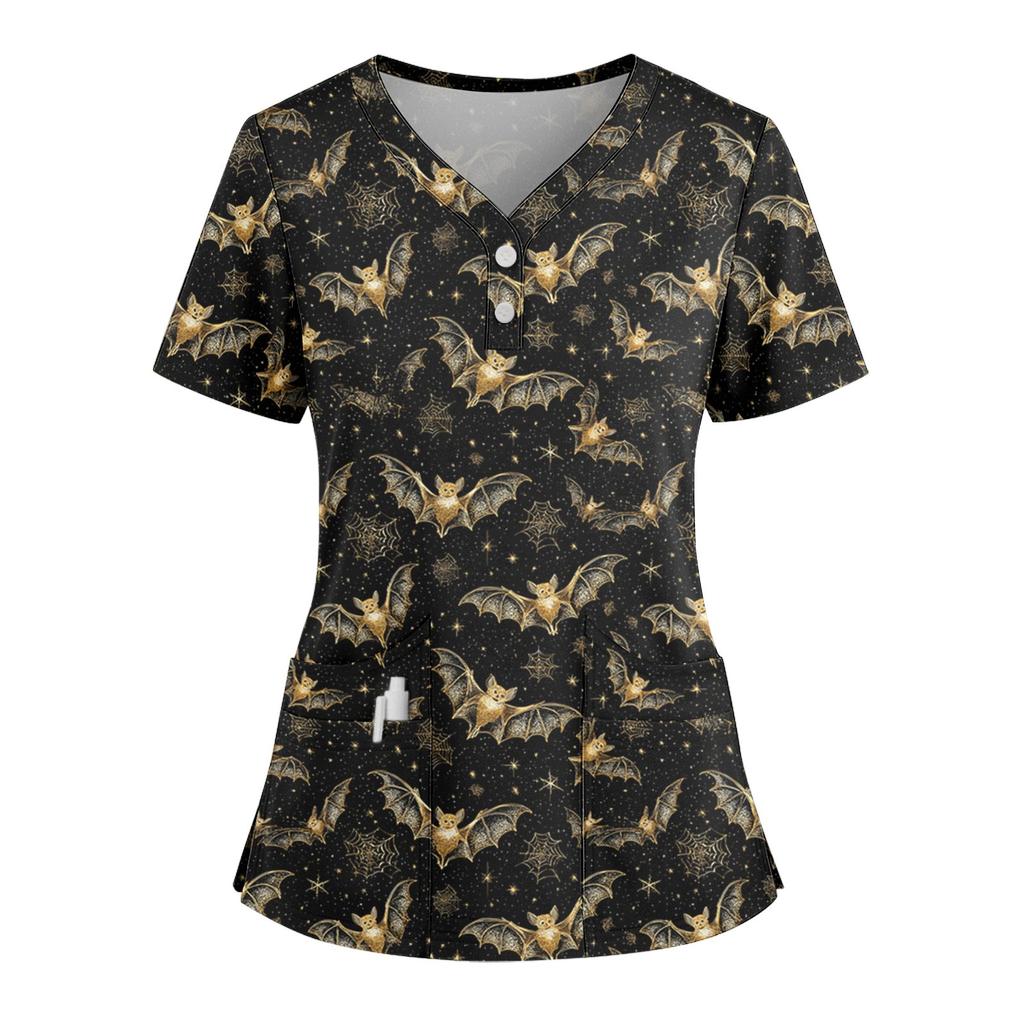 Women's Loose Short Sleeved Fashionable Halloween Print V-neck Buttonable Side Slit Top T-shirt