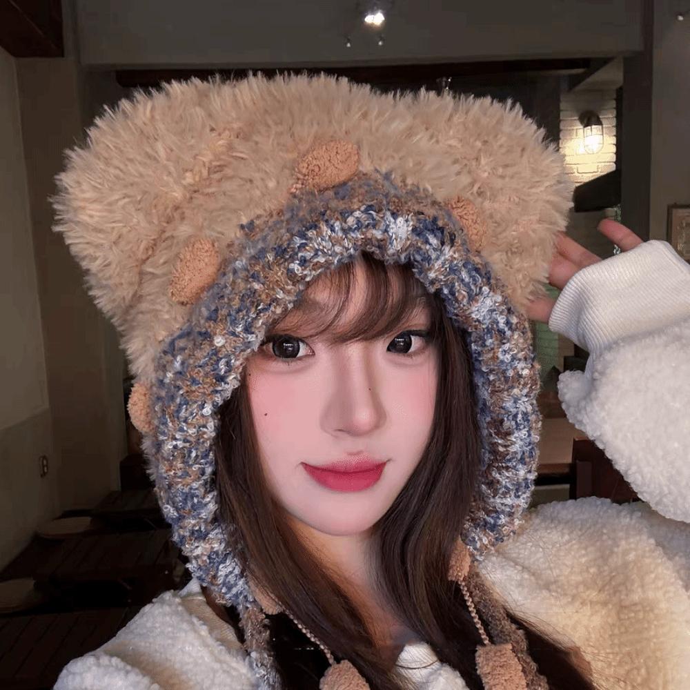 Fluffy Lei Feng Hat Ear Protection Winter Warm Hat Fashion Bear Ear Plush Hat Girls