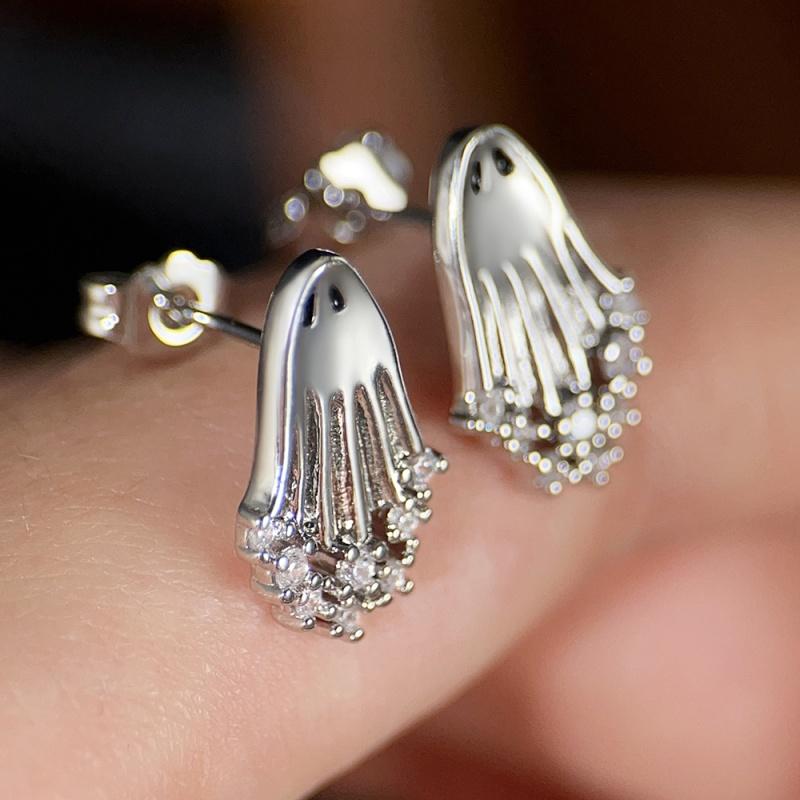 Huitan Halloween Stud Earrings Ghost Design Cute Festival Silver Color Jewelry Inlaid Shiny CZ Spooky Party Accessories Gift