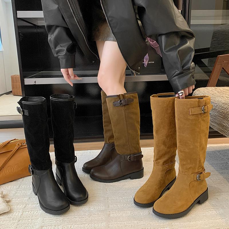 Summer 2025 Round Toe Thick Heel Flat Bottom Women's Long Boots Slim Fit Knight Style Micro Fiber Booties Rubber Shoe Faces