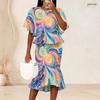 Women Plus Size Printed Round Neck Batwing Sleeve Ruffle Hem Top Fishtail Skirt Two Piece Set