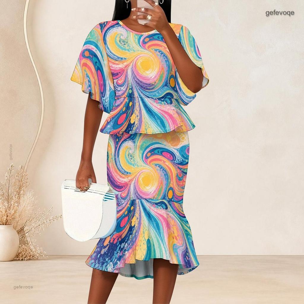 Women Plus Size Printed Round Neck Batwing Sleeve Ruffle Hem Top Fishtail Skirt Two Piece Set