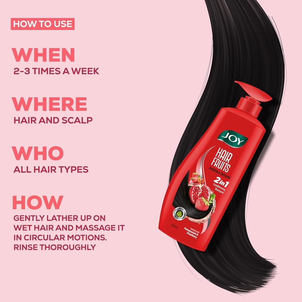 Joy Hair Fruits Hairfall Defense Conditioning Shampoo 650 ml Pack of 1 Enriched with Pomegranate & Strawberry