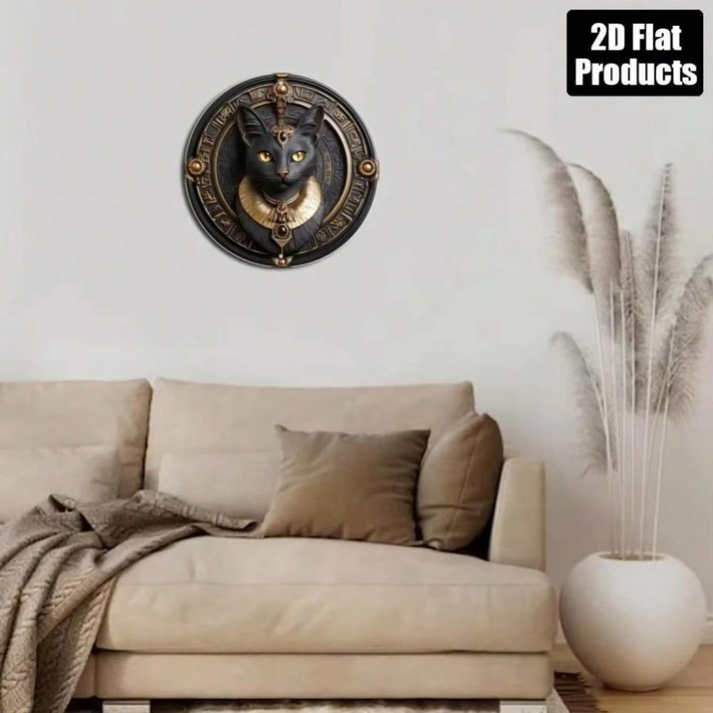 Arte de Pared Metálico de Gato Negro Egipcio Retro con Decoración de Templo Dorado para Hogar Oficina Halloween