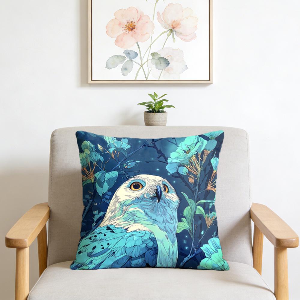 1Pcs Cushion Cover Dark Blue Background an Owl with BlueGreen Feathers Surrounded by Dark Flower Branches and Leaves Retr
