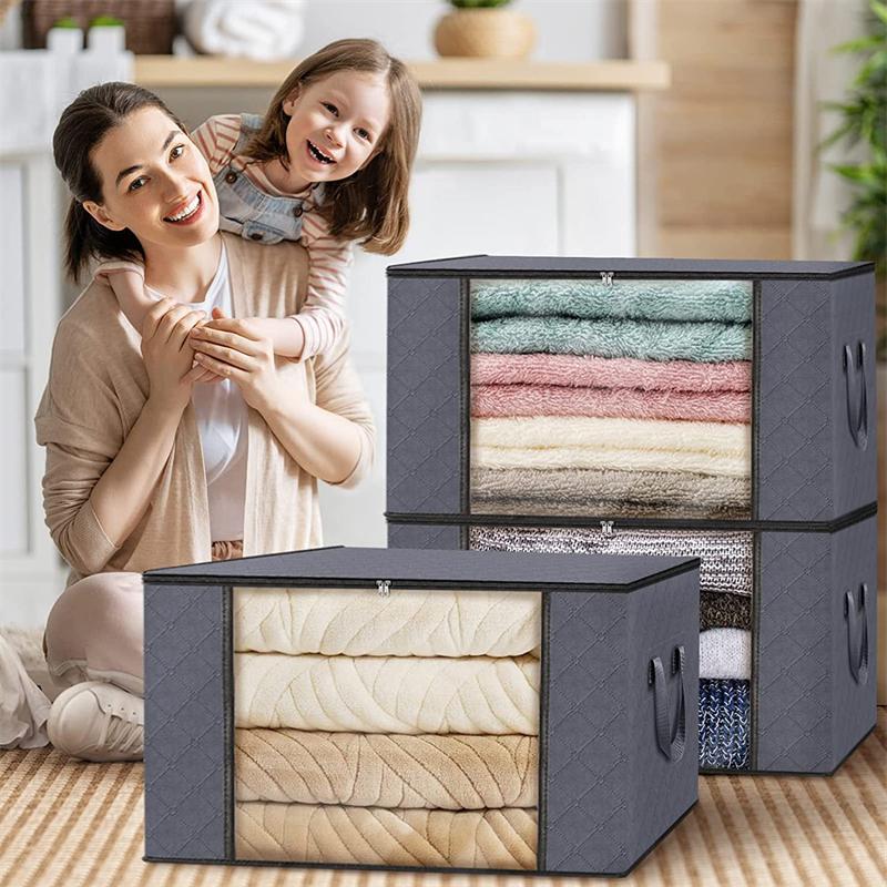 Clothes storage bag, blanket storage bag, foldable non-woven closet organizer, gray