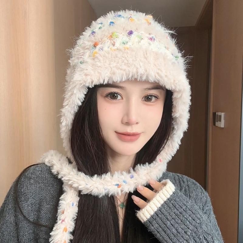 

Rainbow plush knitted ear protection hat autumn and winter women s outdoor travel thickened warm hat winter big head circumference M（56-58cm）