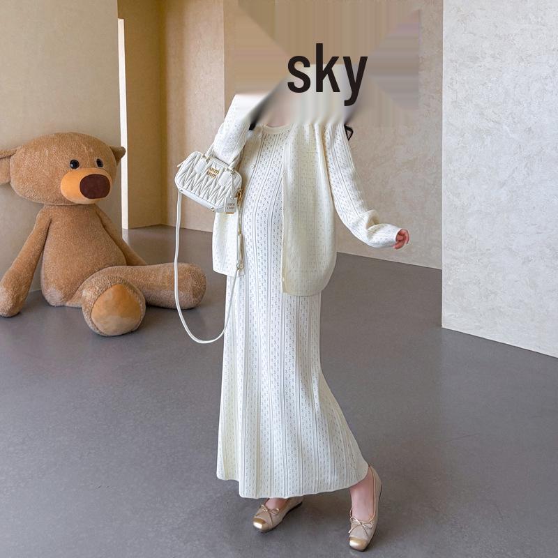 2026 Spring Maternity Ribbed Knit Cardigan & Camisole Dress Set M