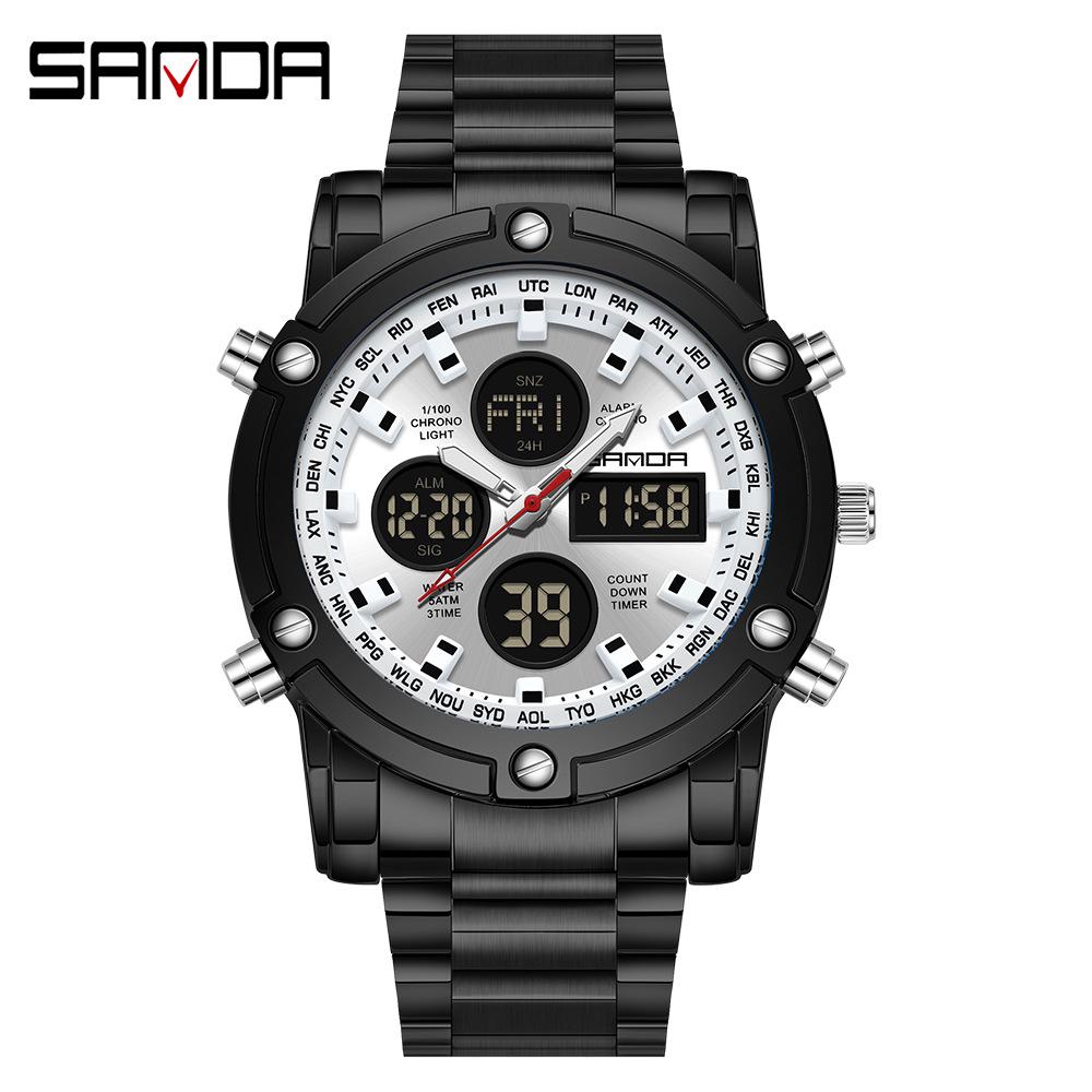 Sanda Men's Multifunctional Large Dial Steel Strap Waterproof Watch with Three Time Zones for Outdoor Sports - Model 3394