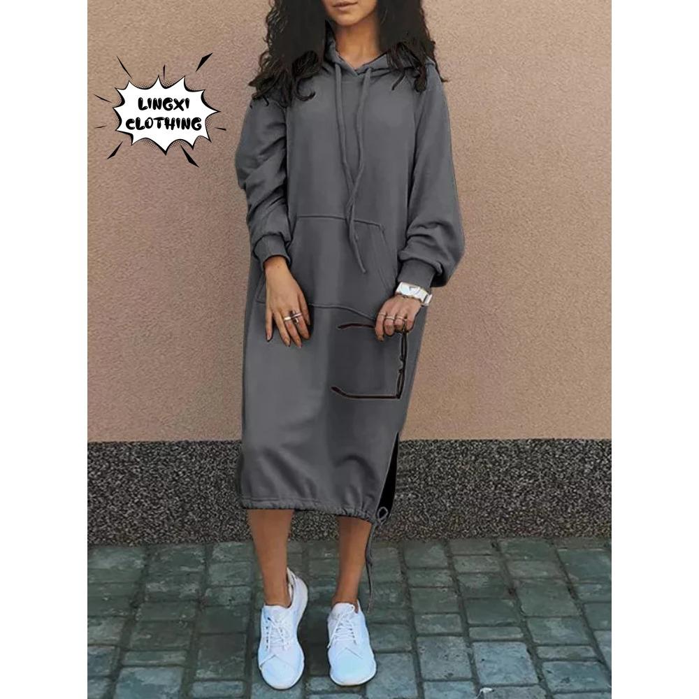 Autumn and Winter Fashion New Women's Sweater Robe Large Hooded Elegant Pocket Split Warm Hoodie Long Dress