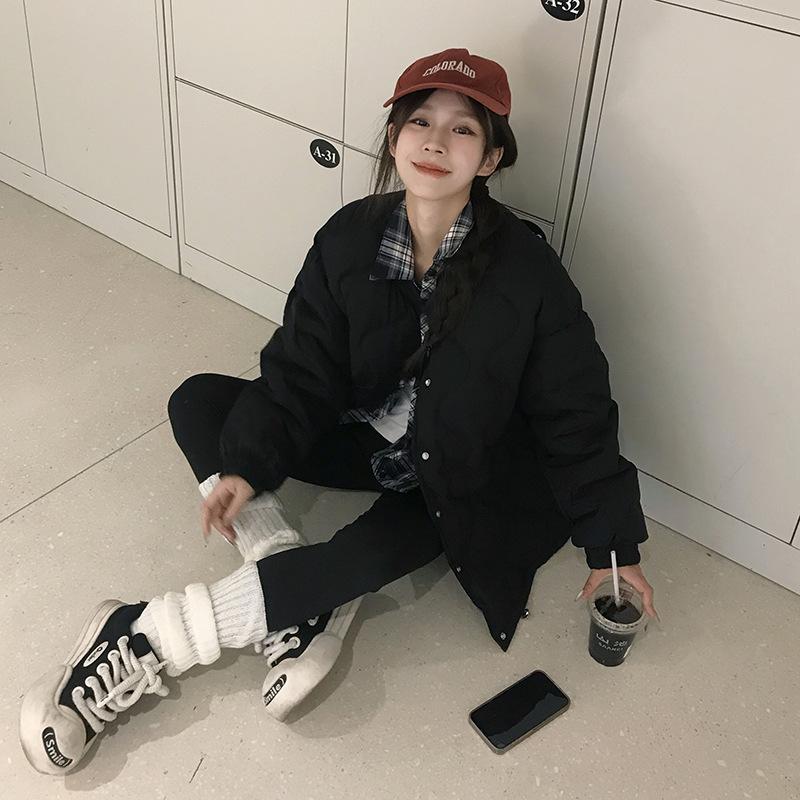 

2025 осень и зима новый ленивый ветер ромб свободный и тонкий маленький утолщенный хлопковый пуховик прилив XL чёрный