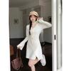 Pure desire wind V-neck long-sleeved dress women's season small man waist thin wrinkles irregular straps short skirt