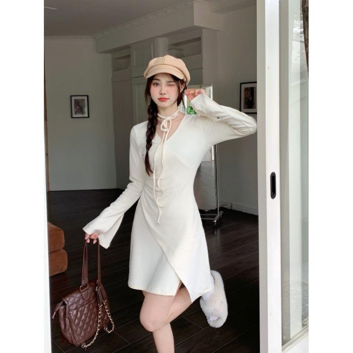 

Pure desire wind V-neck long-sleeved dress women s season small man waist thin wrinkles irregular straps short skirt 2XL абрикосовий
