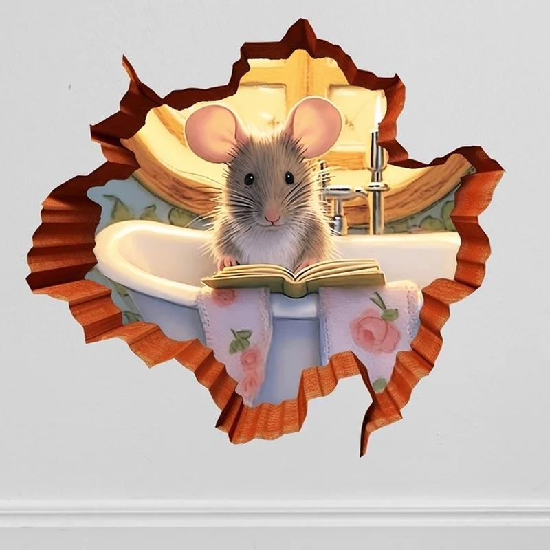 M735 Cute Mouse Hole Wall Sticker , Mouse Reading Book In Wall Hole Decal, Mouse Hole Sticker, Mouse Reading Decor