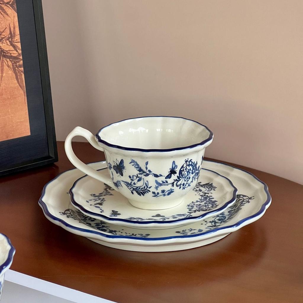 French Blue And White 8-Inch Plate Plate Rice Bowl Coffee Cup Plate Tableware Set Household Gift Tableware Light Luxury Retro