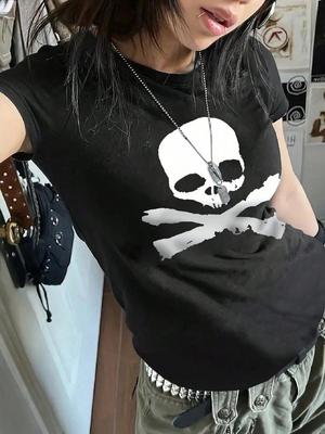 INAWLY Wounisex's Skull Print Round Neck Short Sleeve T-Shirt Emo Graphic Tees Wounisex Tops