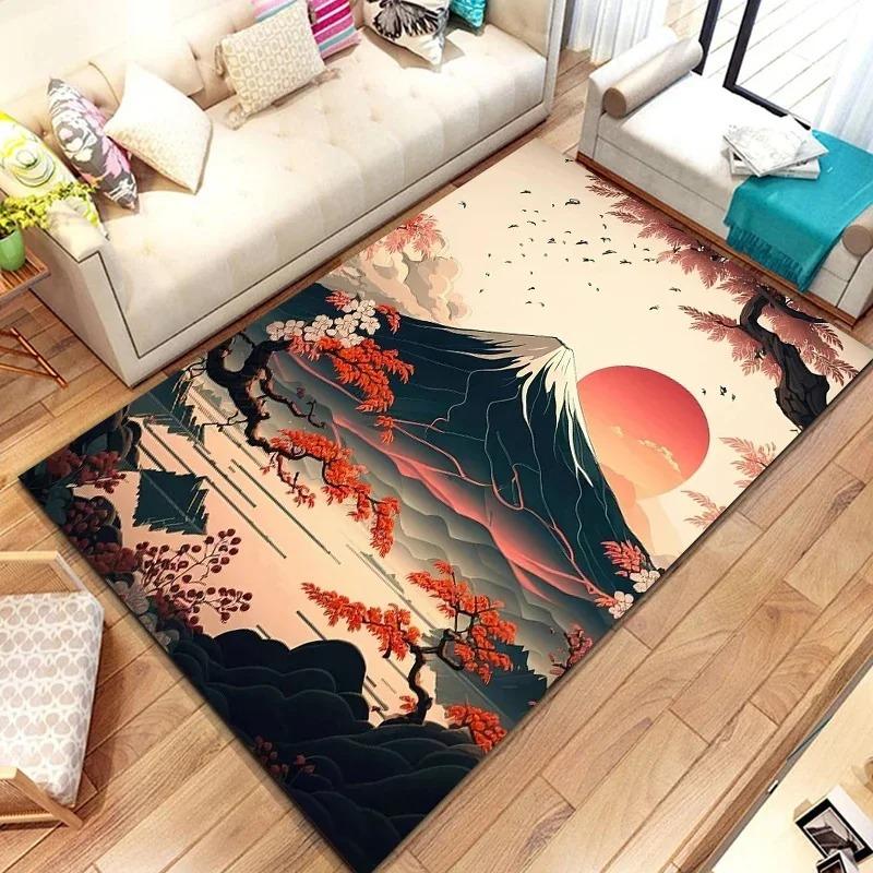 Japanese Landscape Print Rug with Cherry Blossom & Fuji Mountain for Bedroom and Sofa Entryway Decor